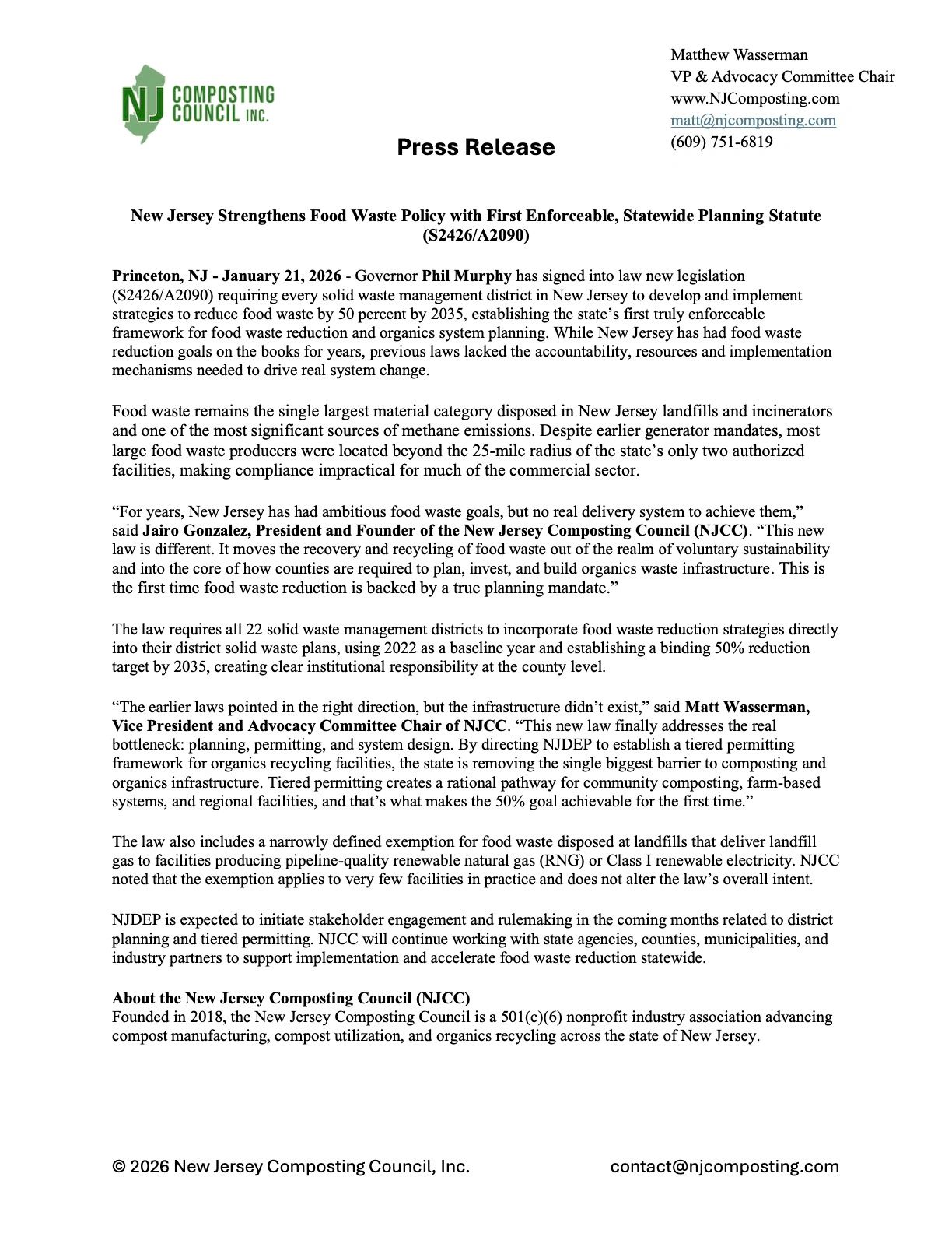 NJ Composting Council Press Release — S2426/A2090 Food Waste Law